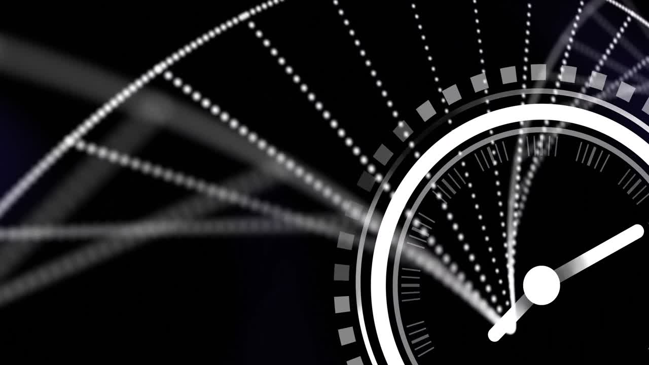 검은 바탕에 있는 dna 가닥 위로 움직이는 시계의 애니메이션