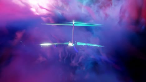 airplane flying through neon clouds