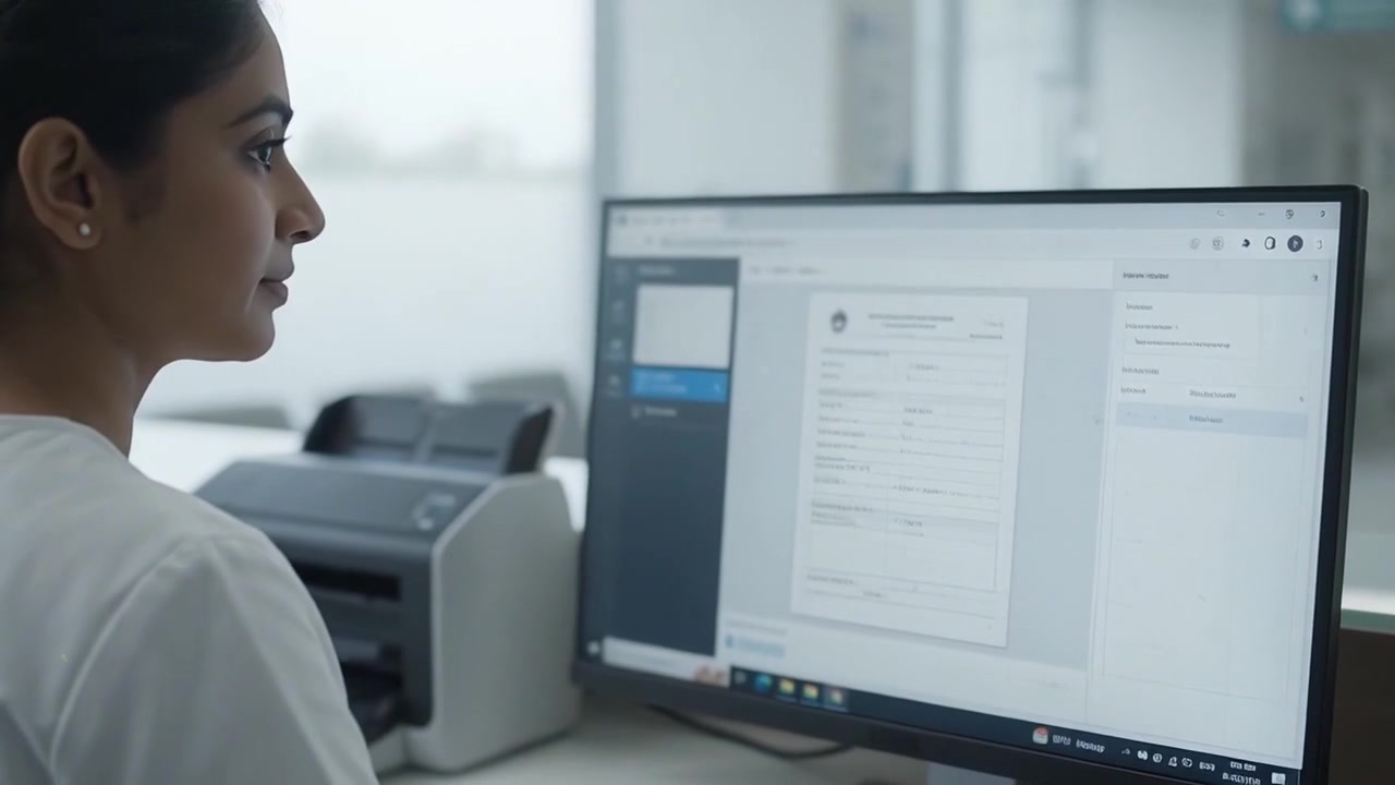 Medical Receptionist Scanning Patient Documents at Hospital Desk