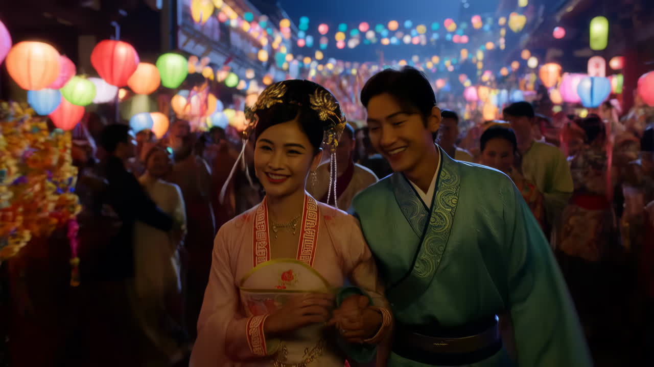Casal Celebrando um Festival Chinês à Noite