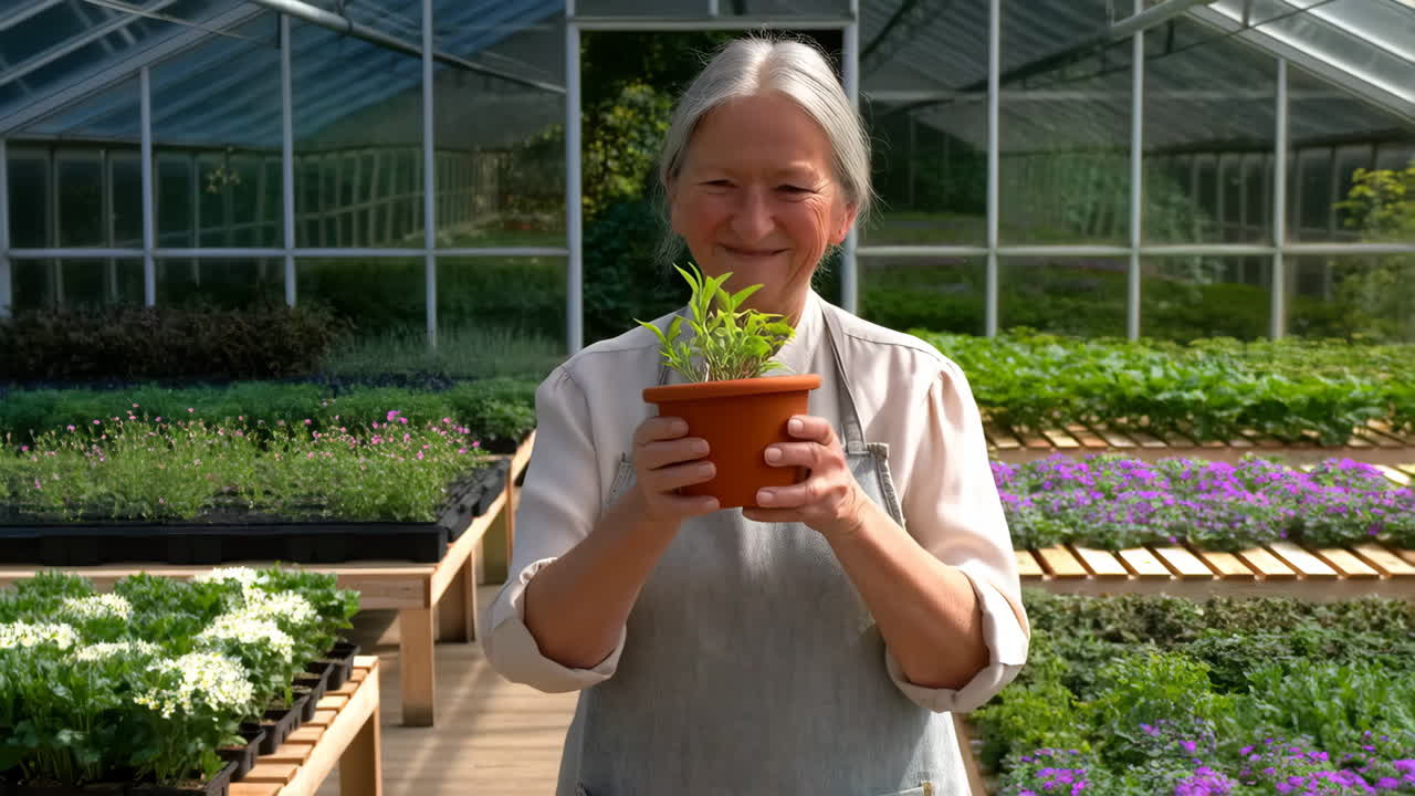 A senior woman tending to plants in a greenhouse