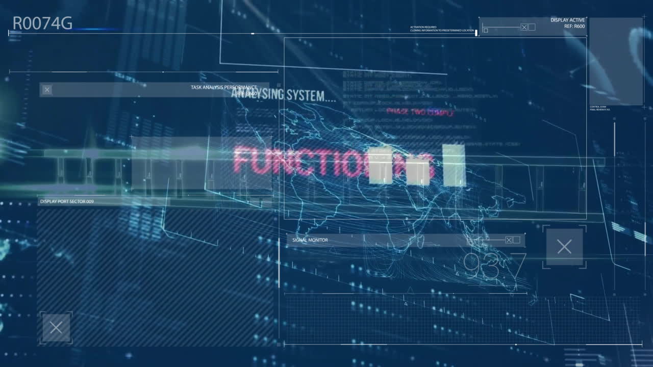 어두운 배경에서 연결 네트워크를 통해 텍스트 처리의 애니메이션