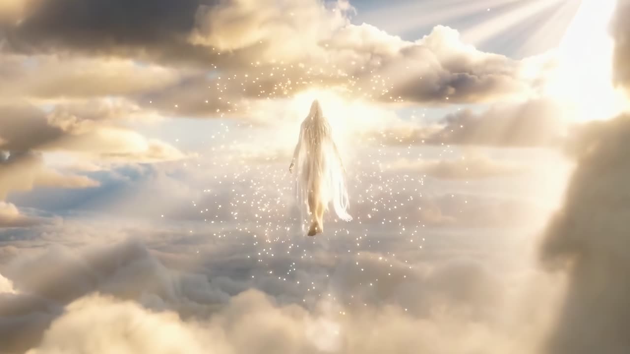Figura eterea che ascende attraverso le nuvole, ripresa da una angolazione inferiore, in uno stile video cinematografico