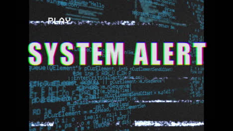 Animation of white text, system alert, on video playback screen with interference and data, on black
