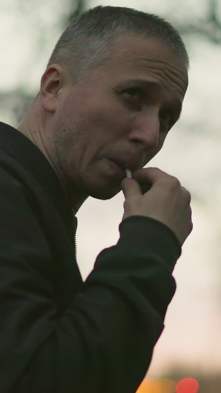A man in a green jacket smokes a cigarette in a dimly lit forest at dusk, the scene captures the solitary moment as smoke escapes from his mouth and nose