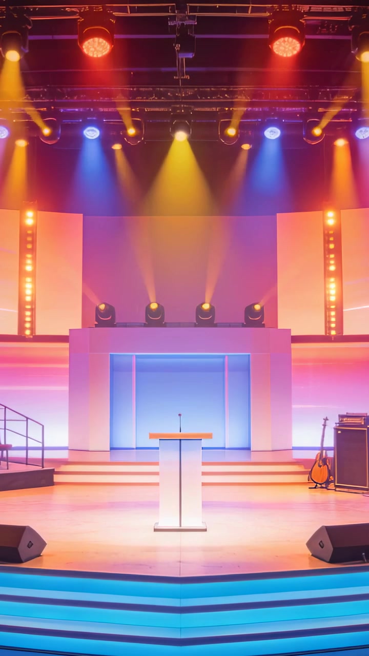Vertical video: Lighting cues starting spotlights moving center stage to highlight lectern mic LED