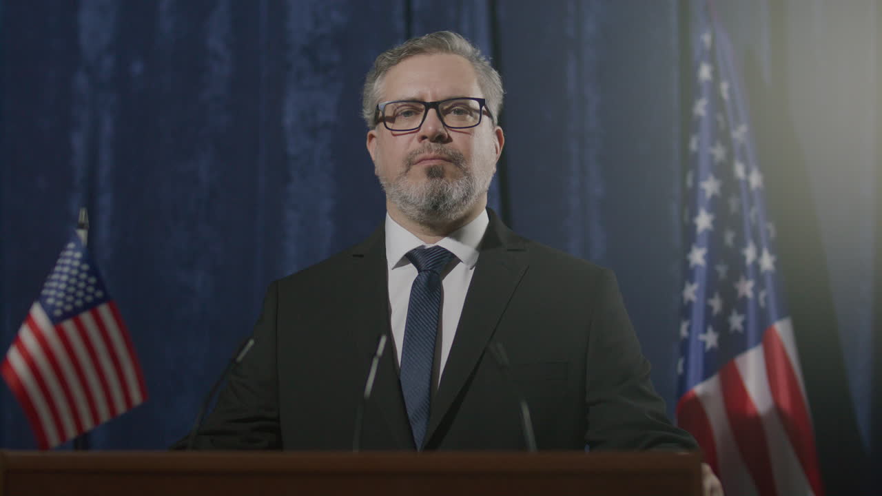 Portrait of Confident Politician Standing at Podium during Press Briefing