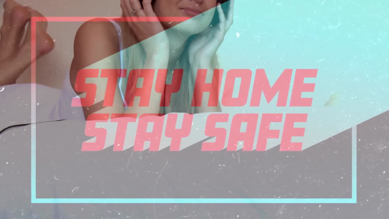 단어의 애니메이션 집에 남아 음악을 듣는 백인 여성의 프레임에서 안전하게