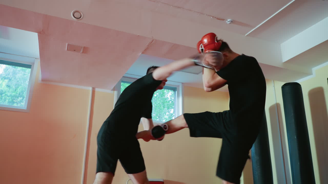 Wrestlers engaged in sparring session wearing gloves inside gym, one athlete on defense while other prepares strike, both focused on movement, strength, skill, discipline, training, and tactical exchange