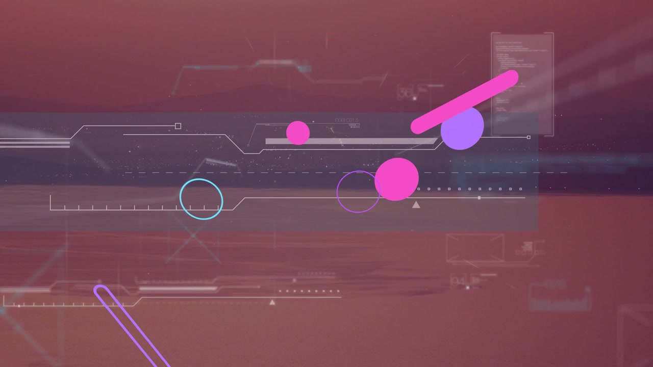 Grupo de formas de neón animadas apareciendo cerca del centro, formando una densa cuadrícula HUD para diseño tecnológico