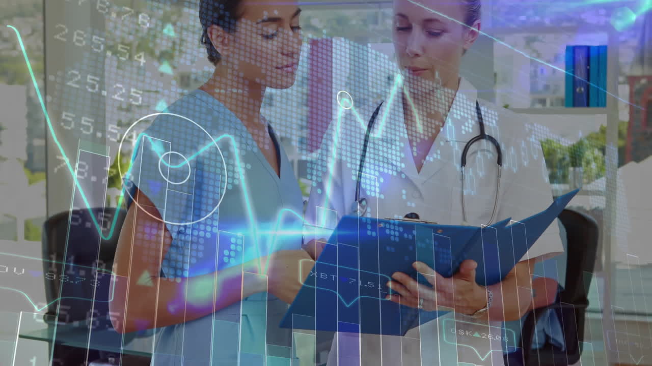 revisión de documentos con animación de datos financieros, profesionales médicos en discusión