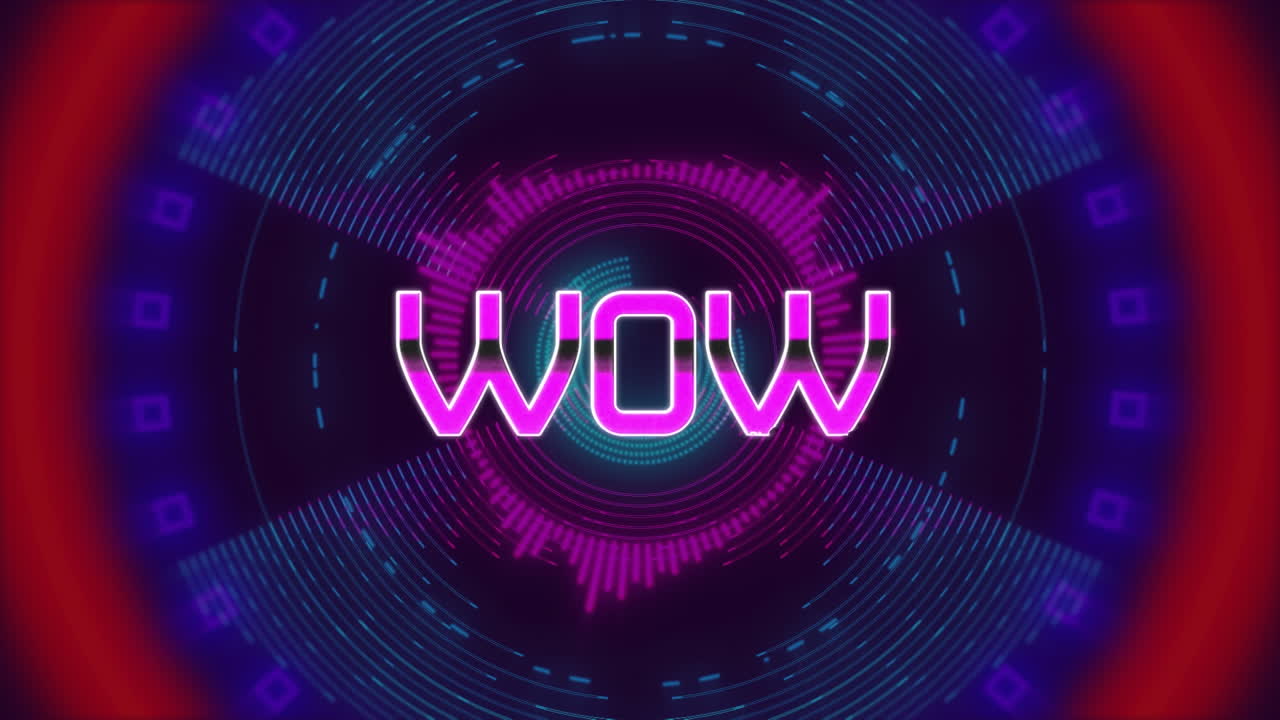 Animation of wow text over moving colorful circles on dark background