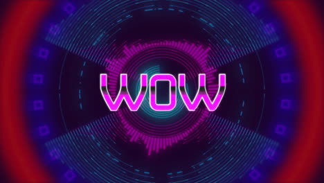 animación del texto wow sobre círculos de colores en movimiento sobre un fondo oscuro