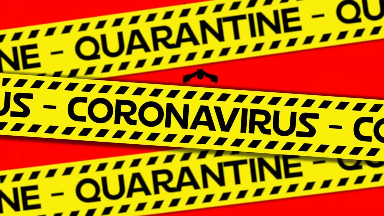 노란색 위험 테이프에 코로나바이러스 격리 경고 텍스트의 애니메이션, 박 ⁇  위, 빨간색