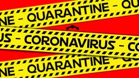 Animation-of-coronavirus-quarantine-warning-text-on-yellow-hazard-tape,-over-bats,-on-red