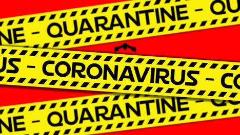 animación del texto de advertencia de cuarentena de coronavirus en cinta de peligro amarilla, sobre murciélagos, en rojo