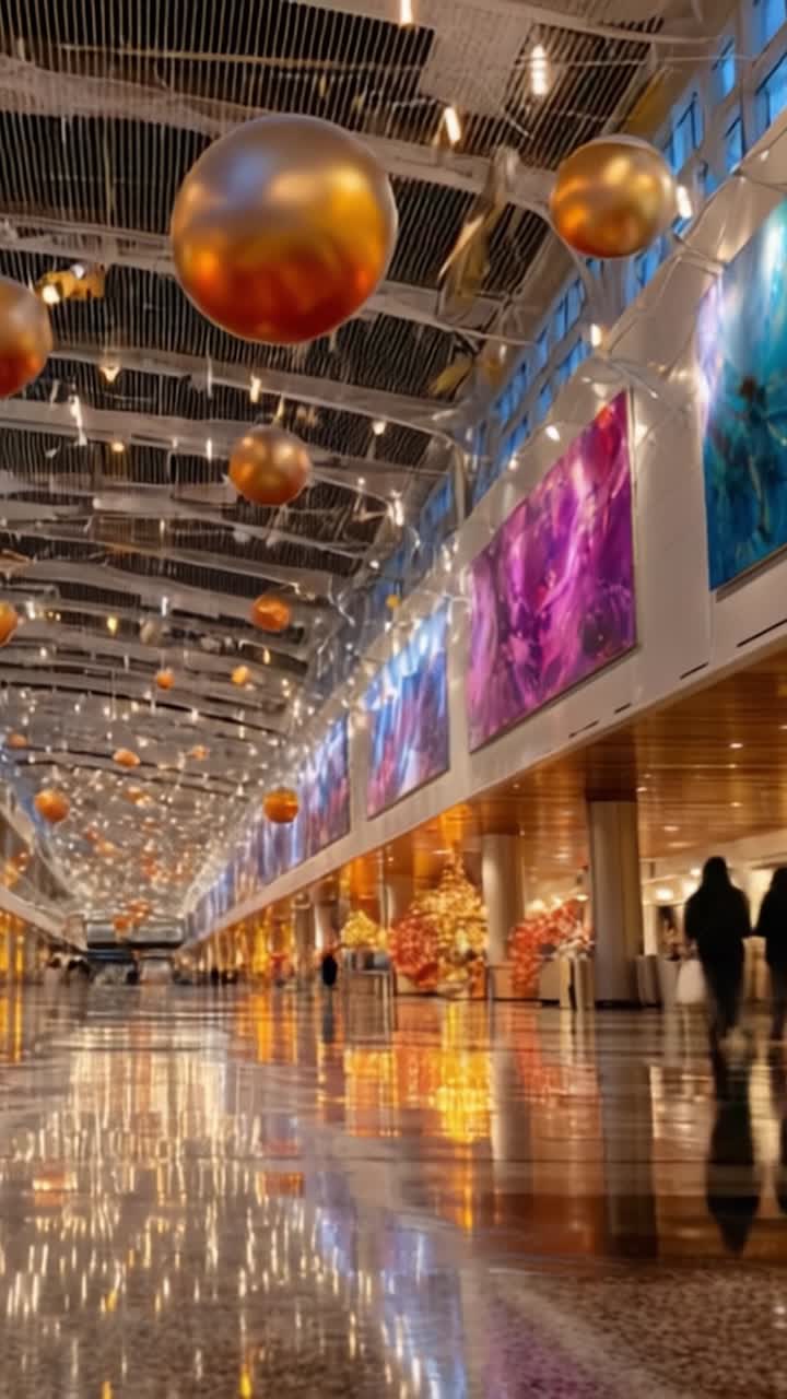 Una vista mozzafiato di uno spazio interno splendidamente decorato con opere d'arte colorate, sfere vibranti e illuminazione elegante che crea un'atmosfera magica per i visitatori.