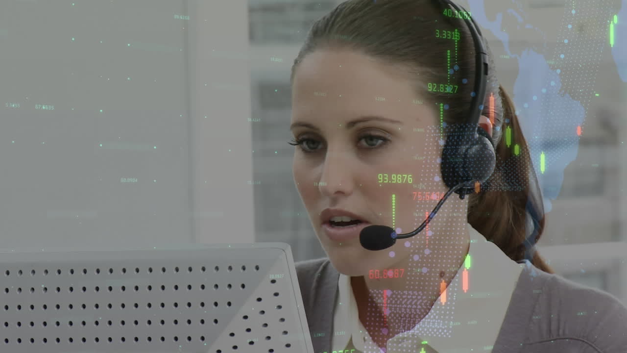 Animation of financial data processing over caucasian businesswoman using phone headset