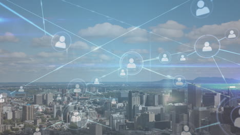 animation of network of profile icons and blue light trails against aerial view of cityscape