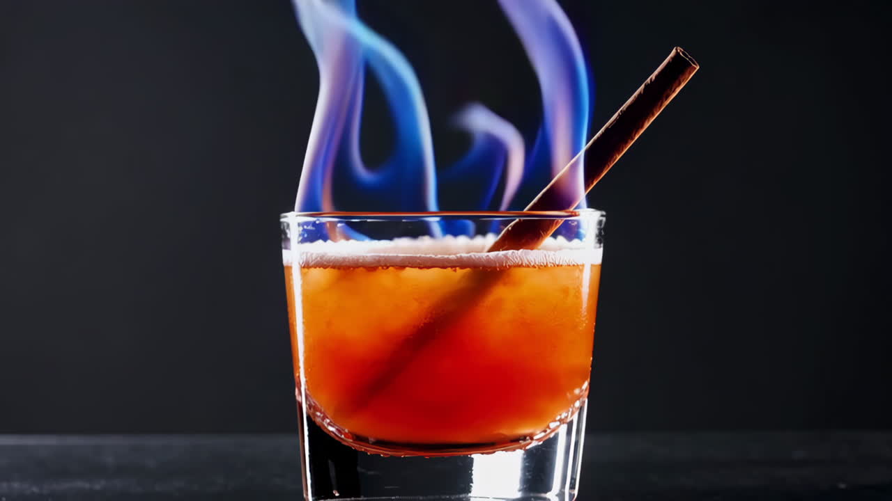 Cocktail fiammeggiante con stecca di cannella