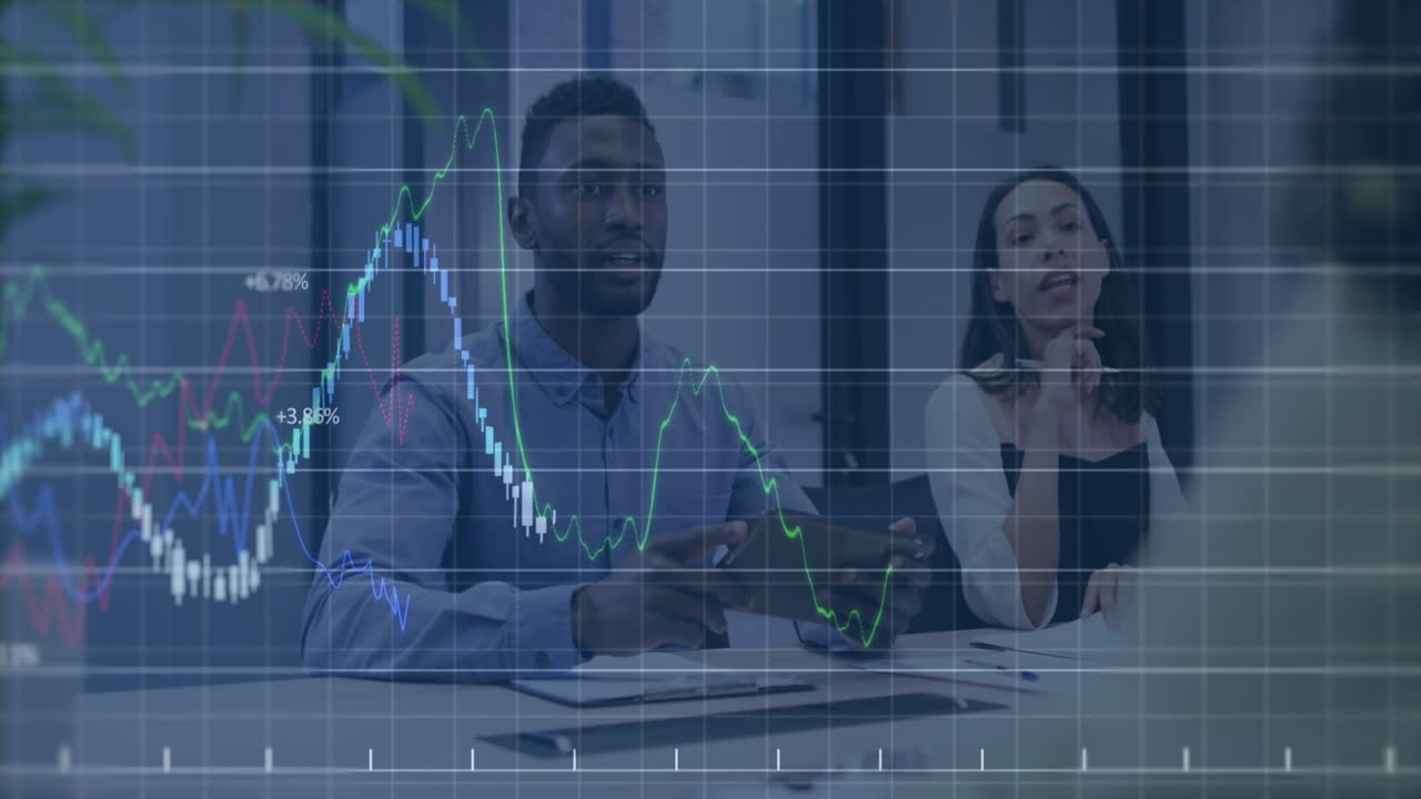 Animation of financial data processing against diverse colleagues shaking hands at office