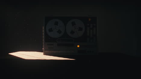 a vintage tape recorder spinning spools in a red blinking light