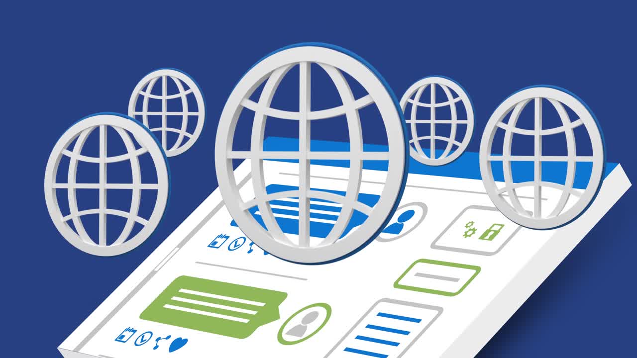 Animation of globes moving over tablet with message and profile icons on blue background