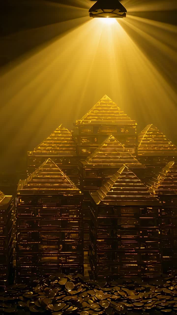 Vertikální video: Lampa osvětlující pyramidy zlatých cihel v trezoru, odhalující světelné paprsky a mince.