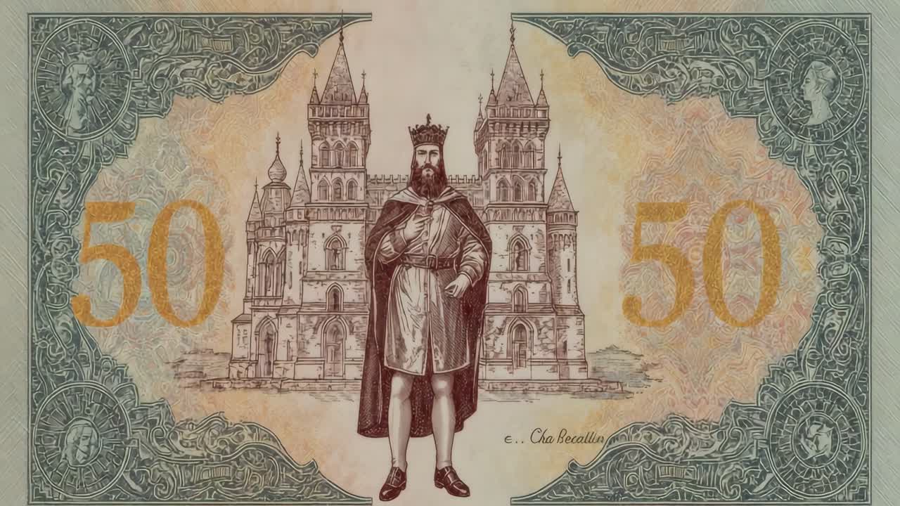 Vintage Banknote with Medieval King and Castle