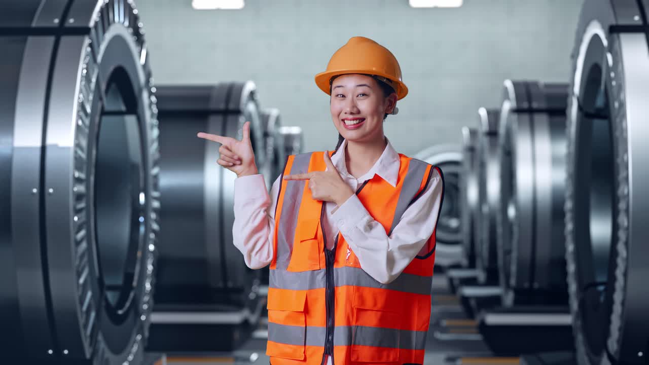 안전 헬을 입은 아시아 여성 엔지니어가 금속 공장에서 서서 웃고 을 가리키고 있습니다.