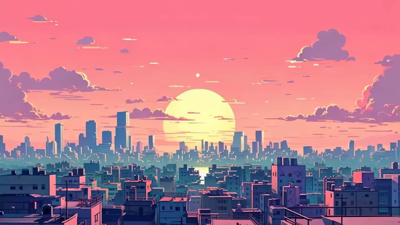 Um frame de vídeo grande angular captura uma paisagem urbana estilizada ao pôr do sol, com um céu rosa vibrante