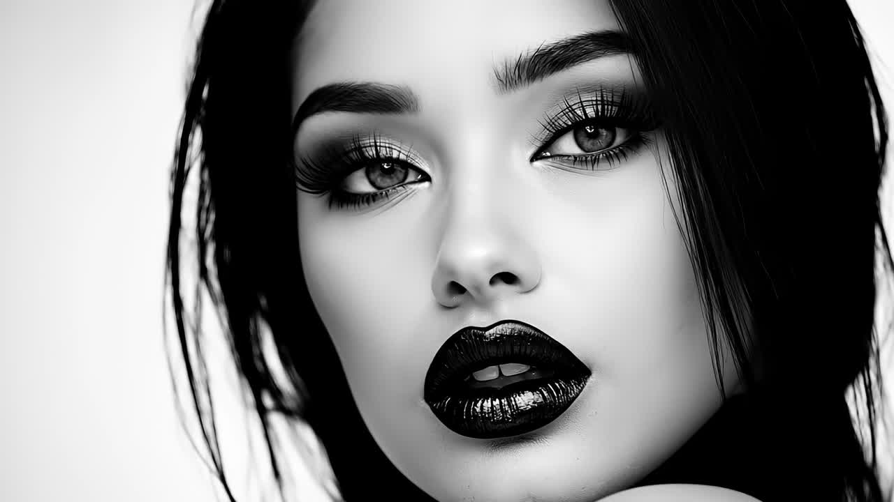 A black and white photo of a woman with long black hair