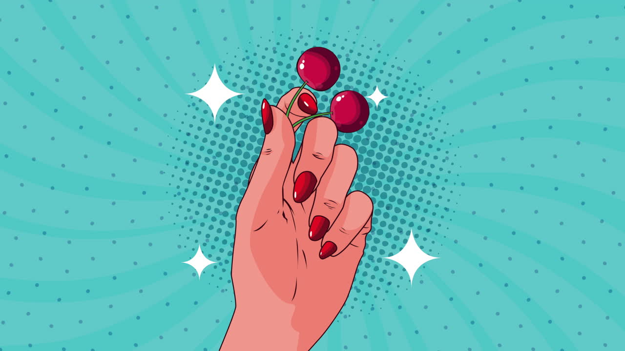 Mano di donna che tiene ciliegie in stile pop art