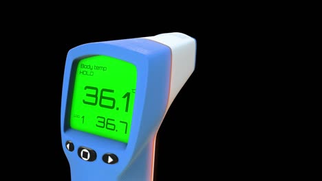 3d renderización de bucle de movimiento del sensor de temperatura digital médico frente cuerpo sin contacto, pistola de termómetro infrarrojo digital, aislado en fondo negro con canal alfa en la sección final.