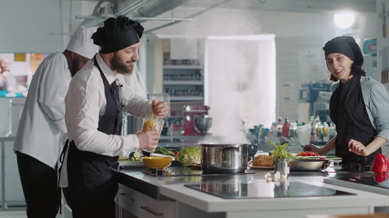 POV of male chef recording cooking show on television program