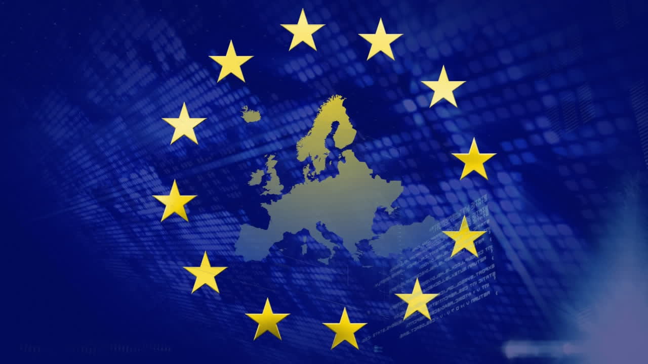 Animaatio rahoitustietojen käsittelystä Euroopan unionin lipun päällä