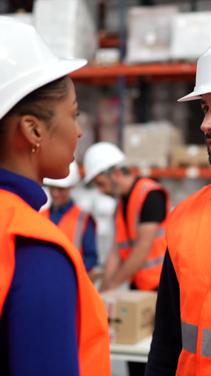 Warehouse Workers Discussing Inventory
