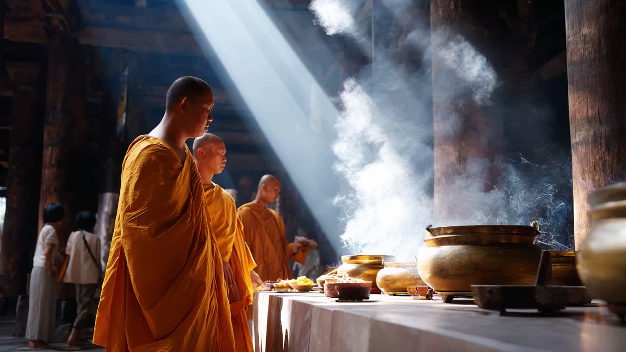 Monks Engaging in Serene Rituals Amidst Soft Light and Smoke in a Tranquil Temple Setting, Evoking a Sense of Peace and Spirituality in the Atmosphere
