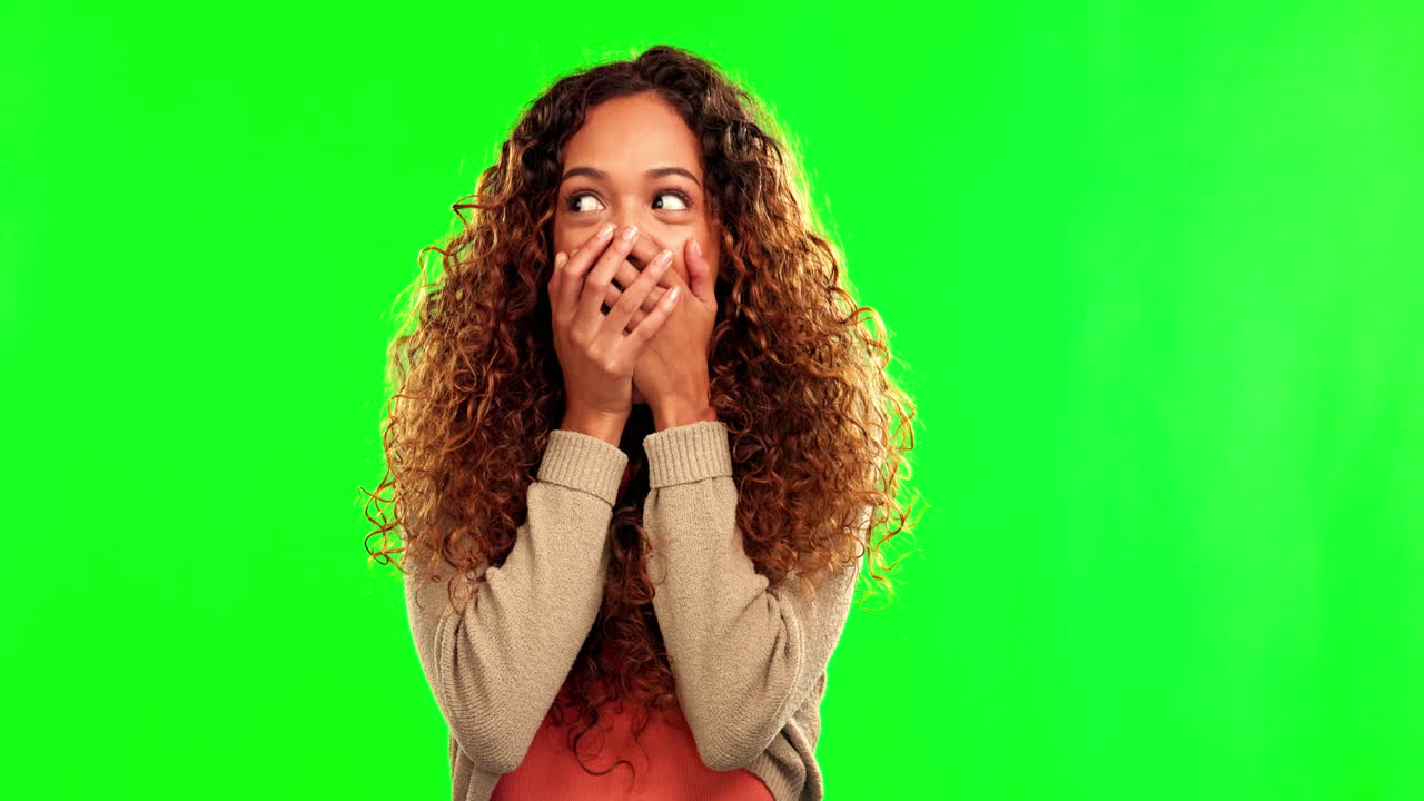 Green screen, wow and hands on face of happy woman