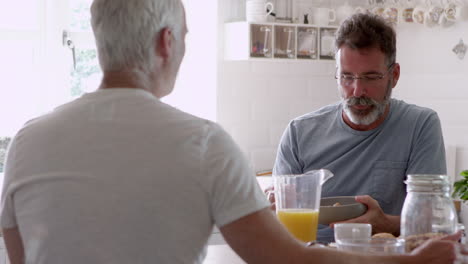 male homosexual couple having breakfast at home together