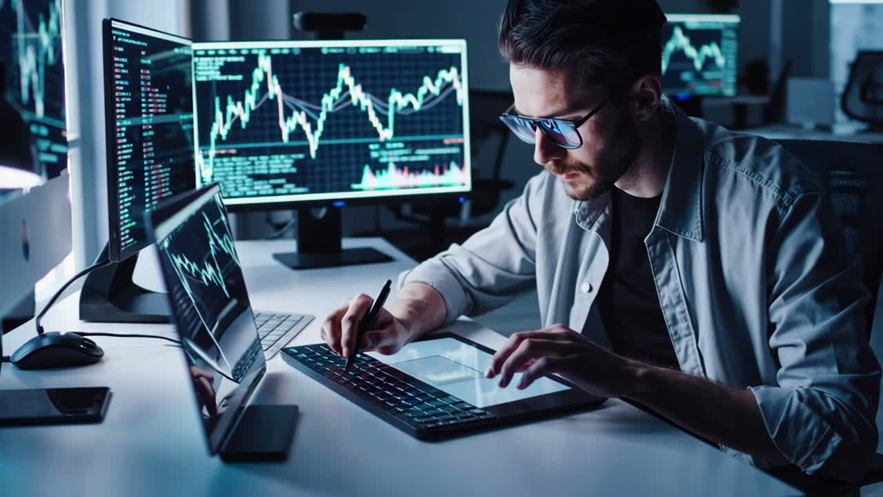 Trader analyzing market data at night