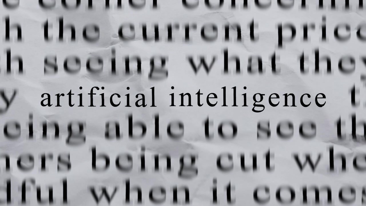 ARTIFICIAL INTELLIGENCE Text in Centre with High-energy Fast Text Stop-Motion Writing Cycling Rapidly on Crinkled Texture Paper. Newspaper Cuttings Style animation.