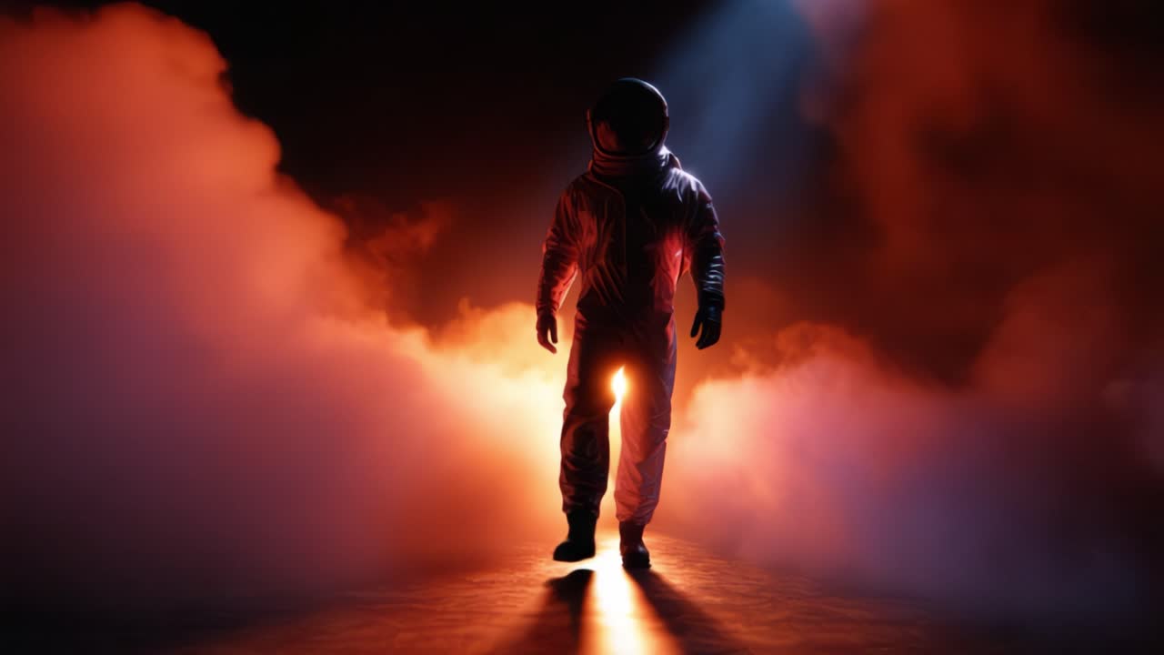 Astronaut sebevědomě kráčí skrz oblak barevné mlhy, osvětlený dynamickým osvětlením, vytvářející tajemnou a podmanivou atmosféru v hlubokém vesmíru.