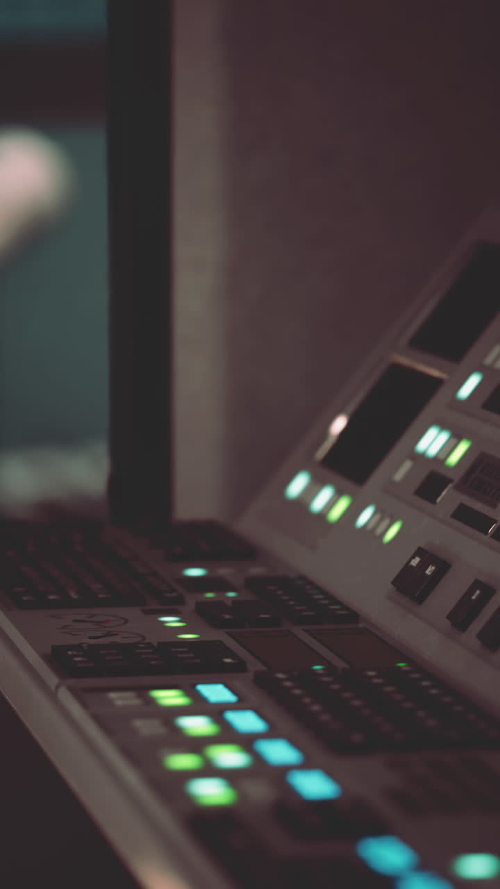 primer plano de un mezclador de audio con luces y botones