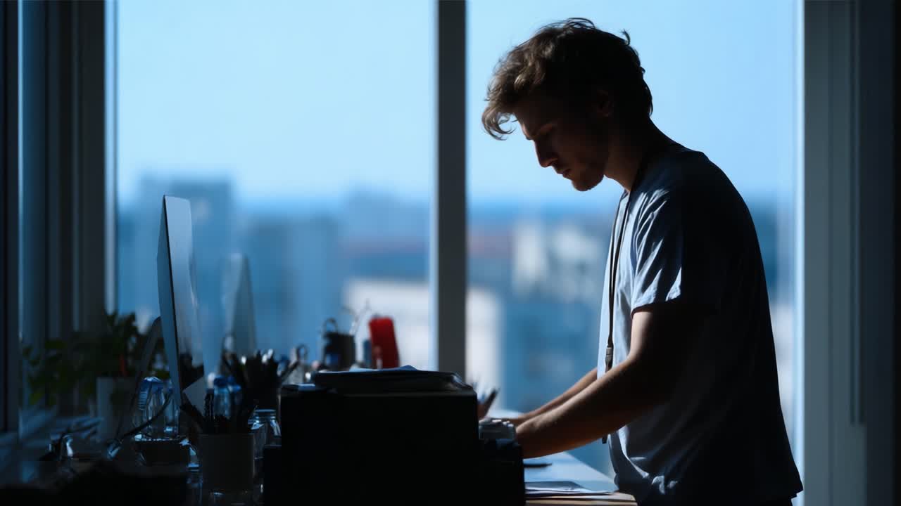 A Young Man Concentrating While Working on a Project at His Desk in a Bright, Open Room with a View, Captured in Silhouette Against Natural Light