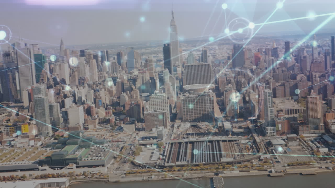 도시 풍경의 공중 전망에 대한 연결 네트워크의 애니메이션