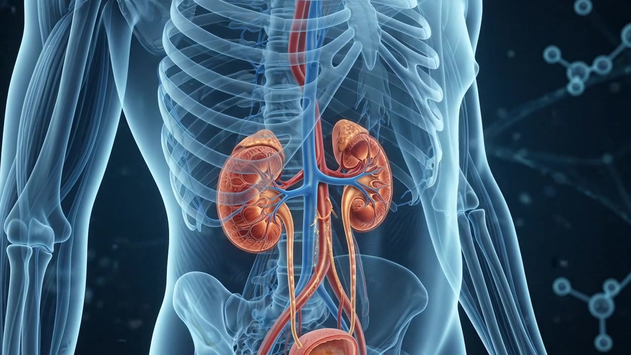 Transparent kidney anatomy showing renal vessels and urinary tract