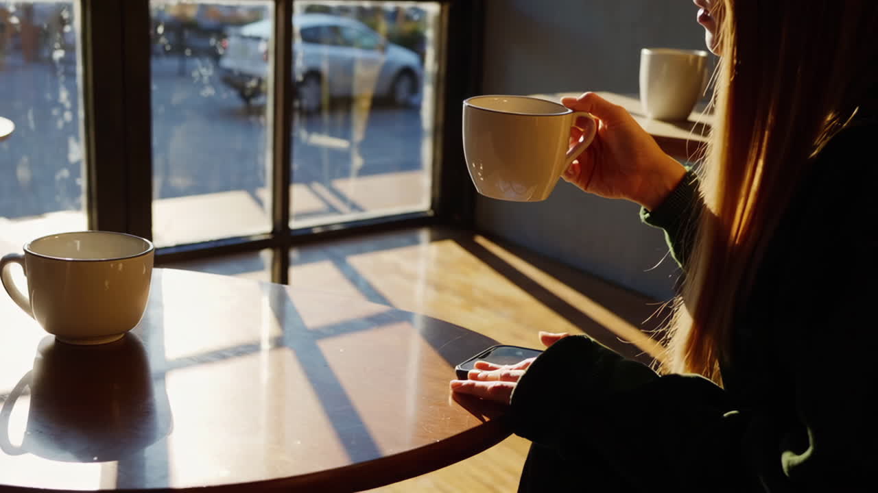 편안한 카페에서 커피를 즐기는 여자