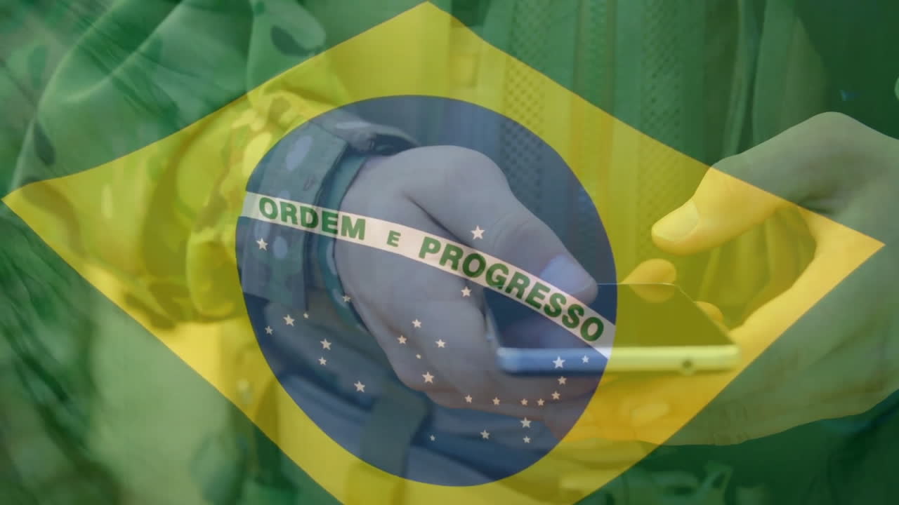 Animation af Brasiliens flag over kaukasisk mand, der bruger smartphone