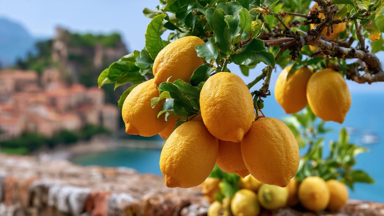 Parlak Bir Bereket: Canlı yeşillikler ve dingin sular arasında, doğal bir kıyı fonunda olgun, sulu limonları sergileyen gür bir limon ağacı dalı.